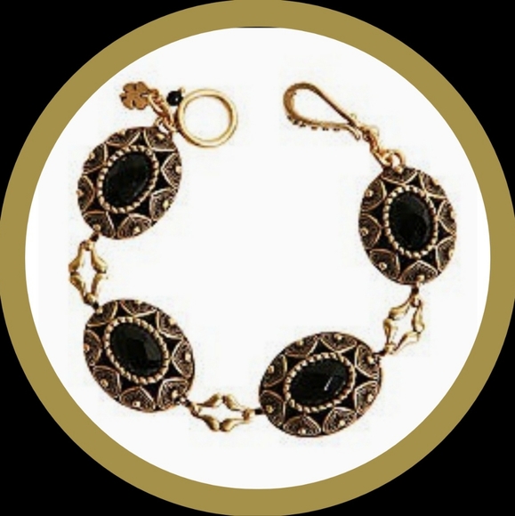 ๐๐Christmas Present๐๐ LUCKY~ GOLDTONE &BLACK ANTIQUE STATEMENT BRACELET~ - Picture 3 of 9